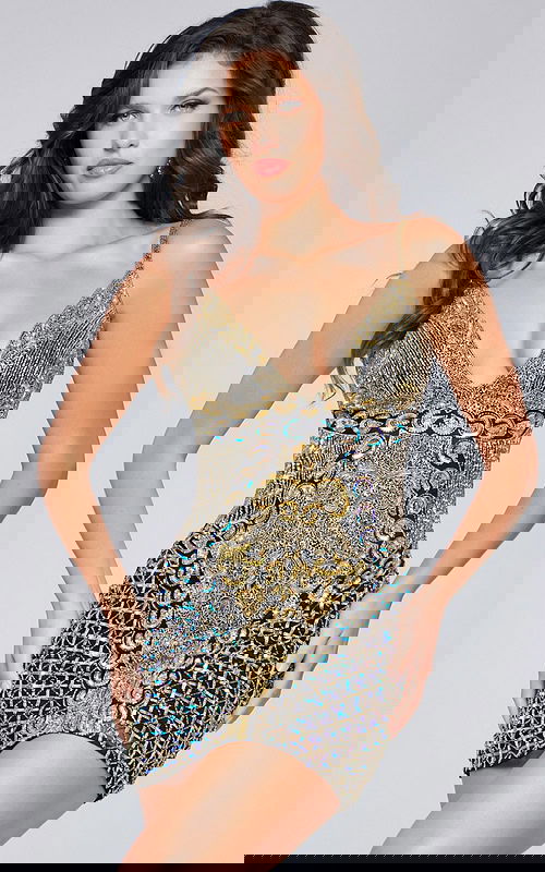 Model wearing Jovani 36425 black sequin cocktail dress, front view.