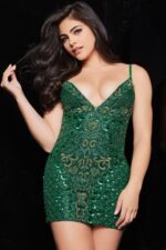 Model wearing Jovani 36425 emerald sequin cocktail dress, front view.