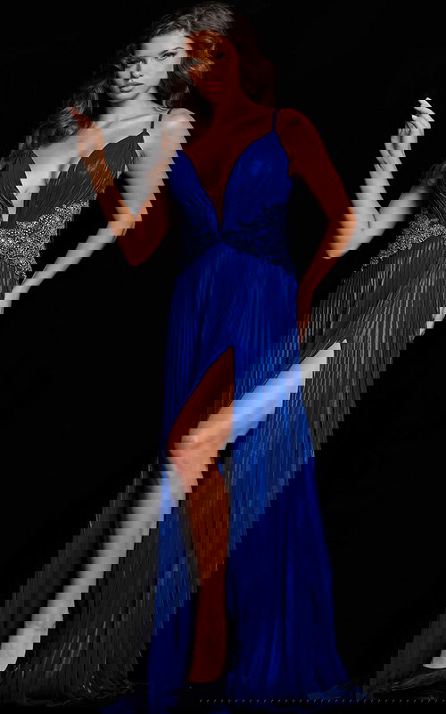 Model wearing 36442 royal blue dress with V-neckline and beaded bodice.