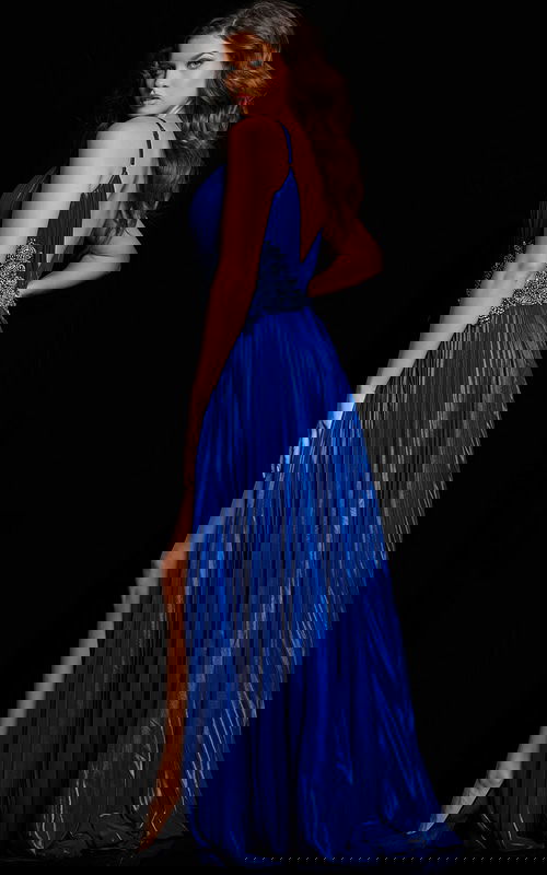 Model showing the back of 36442 royal blue dress featuring open back design.