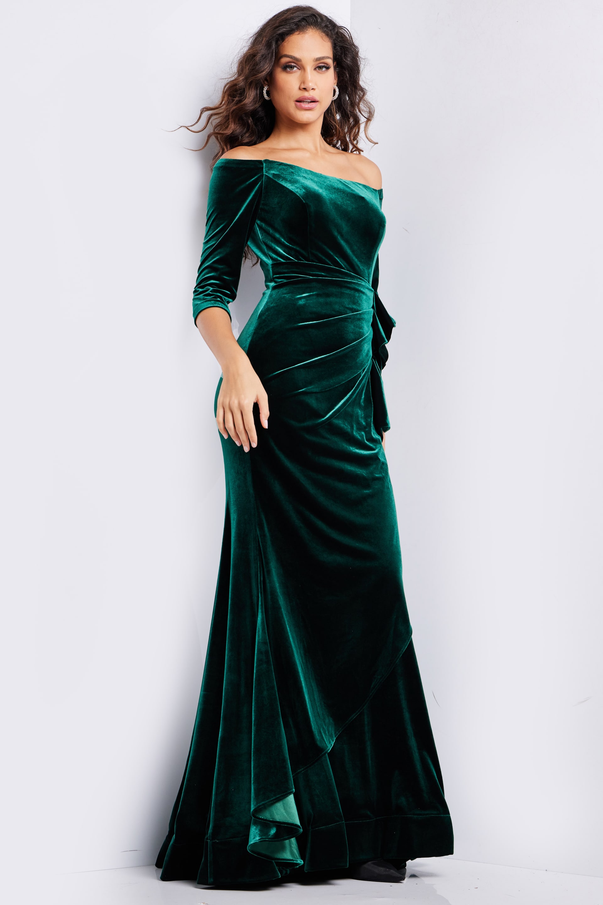 Emerald Three Quarter Sleeve Velvet Dress 36458 | Jovani