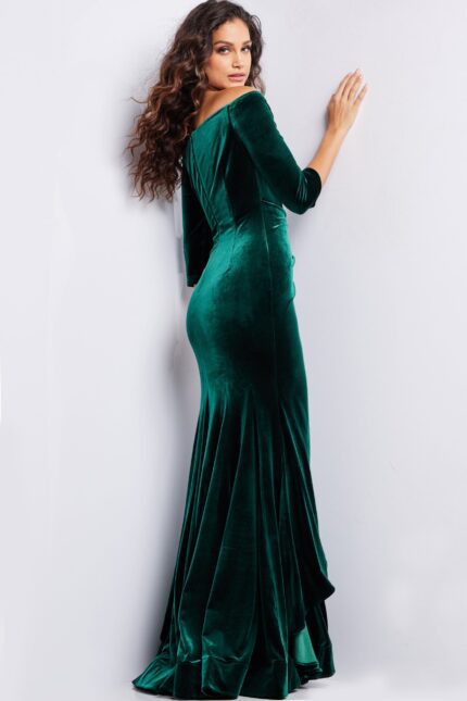 model showcasing the back of 36458 green velvet dress with three-quarter sleeves