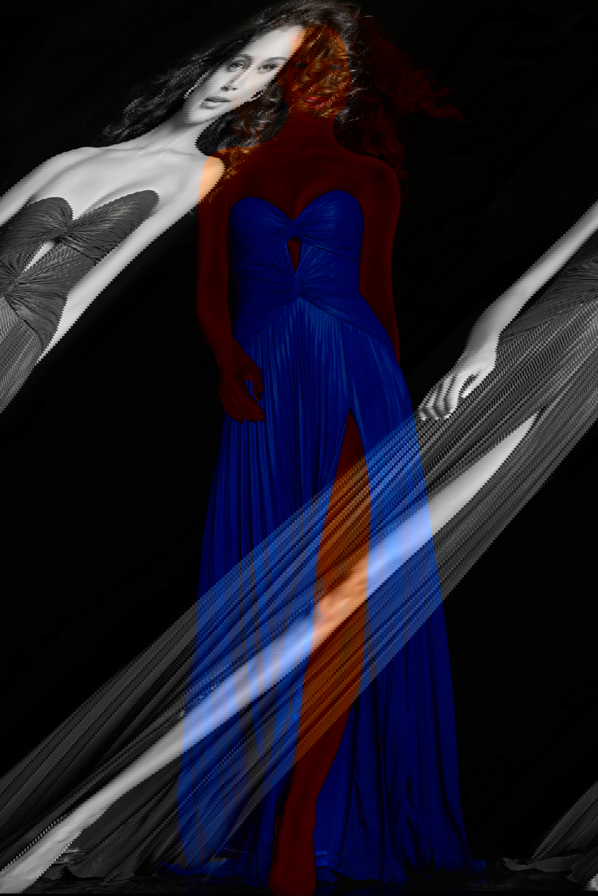 36461_ROYAL_56-2.jpg Model wearing Jovani 36461 royal dress with sweetheart neckline and high slit