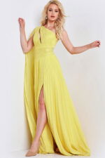 Model wearing Jovani 36462 yellow gown showcasing the side view with one-shoulder design