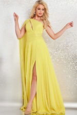 Model wearing Jovani 36462 yellow dress in a full-length front view with high slit