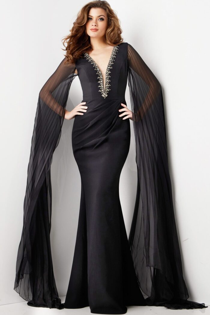 front view of model wearing Jovani 36473 black gown with a V-neckline