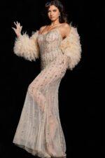 Model posing in Jovani 36510 nude gown featuring intricate beadwork, front angle view.