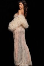 Back view of Jovani 36510 nude gown showcasing intricate embellishments and feathered shrug.