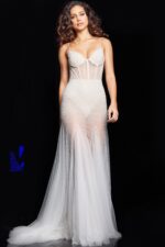 Jovani 36511 white gown with A-line silhouette and exquisite tulle layers.