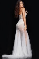 Back view of Jovani 36511 gown showing thin straps and layered white tulle skirt.
