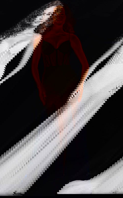 Model wearing Jovani 36511 elegant white gown with fitted bodice and layered tulle skirt.