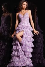 Front view of Jovani 36571 lilac dress emphasizing ruffle layers and plunging neckline.