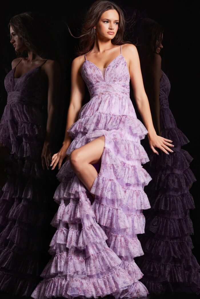 Front view of Jovani 36571 lilac dress emphasizing ruffle layers and plunging neckline.