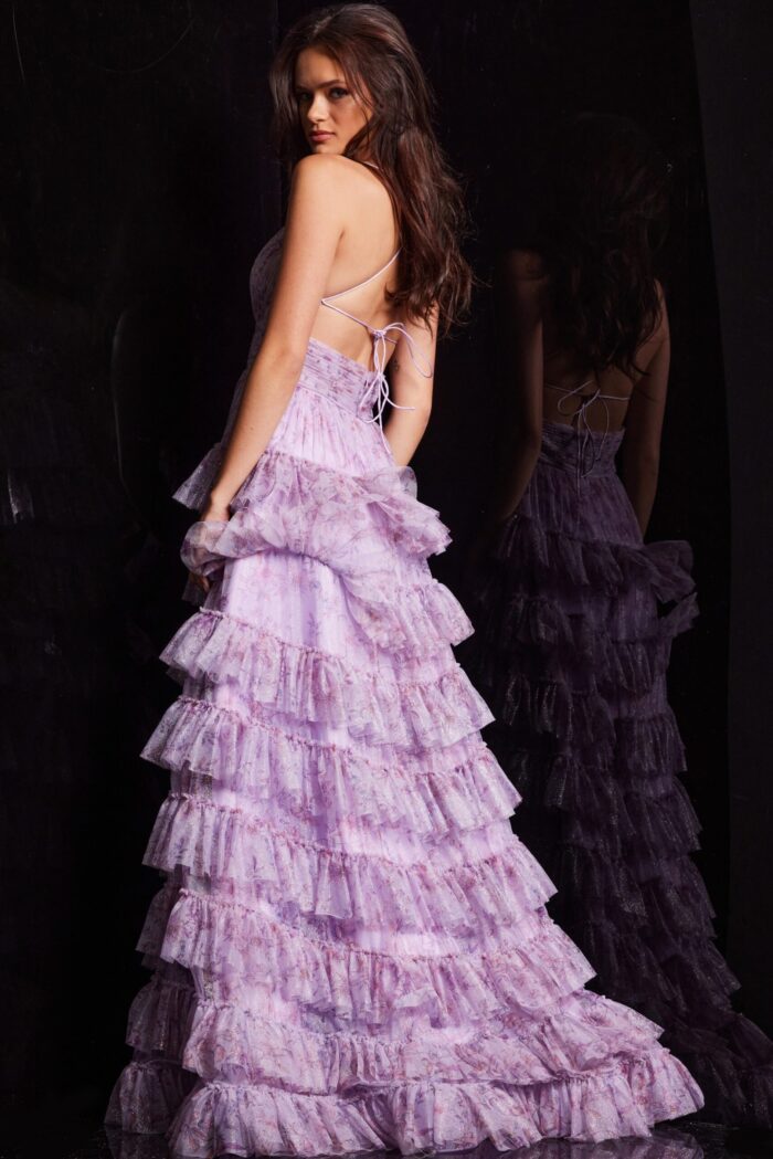 Back view of Jovani 36571 lilac gown with ruffle skirt and open back.