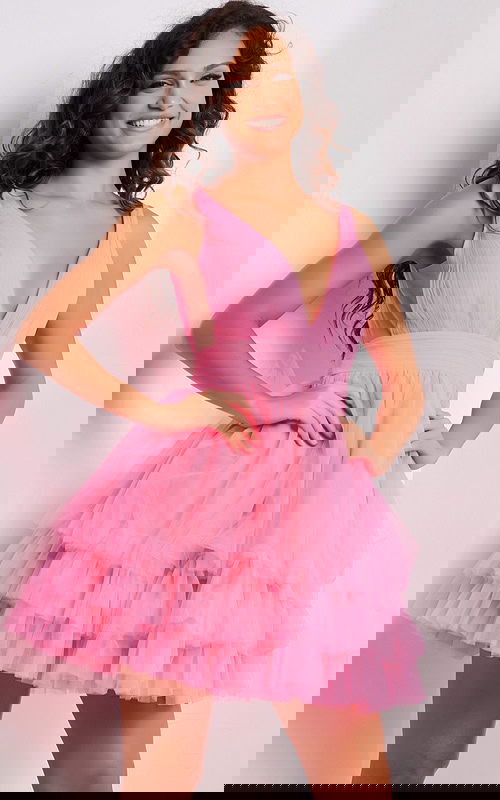 model wearing 36575 front view with deep V-neck and layered ruffles