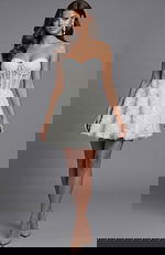 Front view of strapless embellished bodice dress with sculpted waist and full skirt