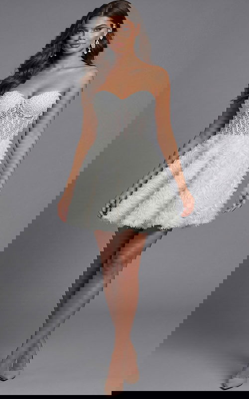 Front view of strapless embellished bodice dress with sculpted waist and full skirt