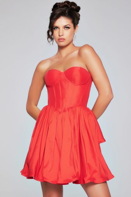 Model wearing Jovani 36620 black dress with sweetheart neckline.