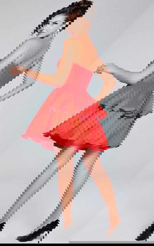 Back view of model wearing Jovani 36620 black dress.