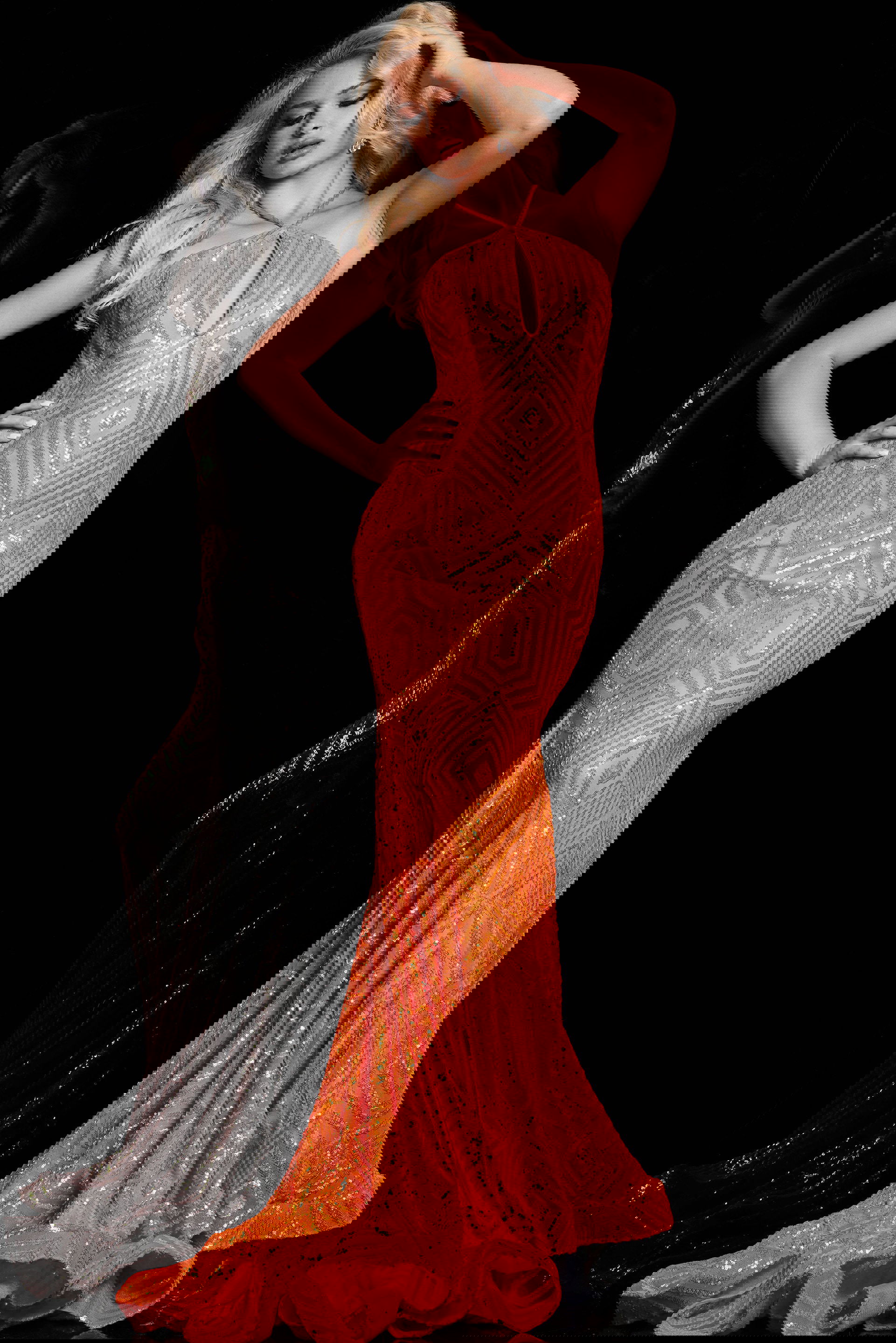 36640_3.jpg model wearing Jovani 36640 orange gown with sequin pattern front view