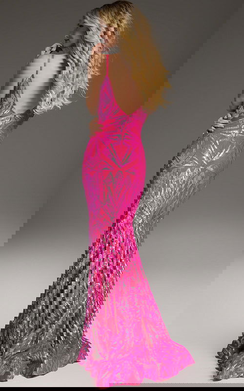 Back view of model in Jovani 36656 pink mermaid gown with sequined design.