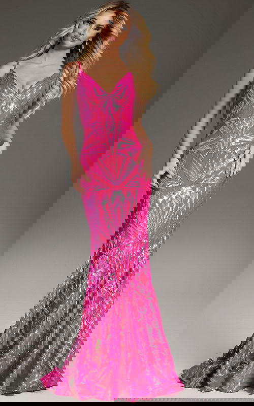 Model wearing Jovani 36656 pink gown with sequined mermaid silhouette and V-neckline.