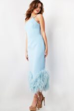 Side view of model wearing Jovani 36675 light blue dress with fitted design and feather details at hem.