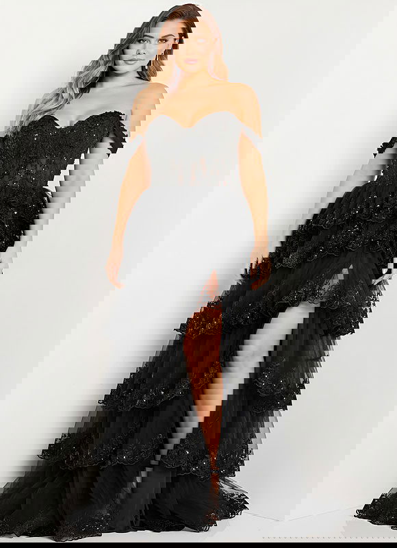 Jovani 36687 plus size black off shoulder tiered ball gown