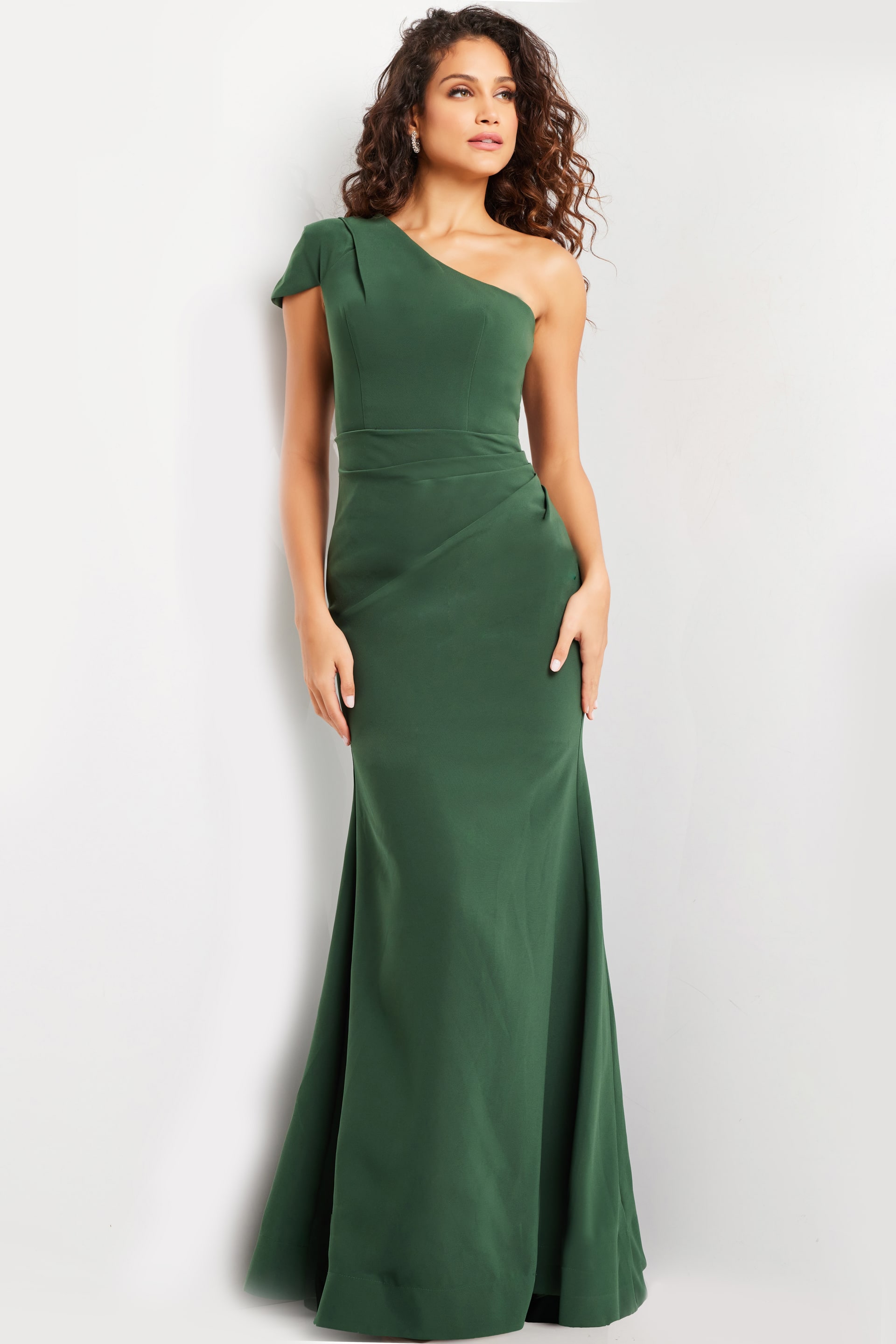 36699_EMERALD_10.jpg model wearing Jovani 36699 green one-shoulder floor-length gown front view