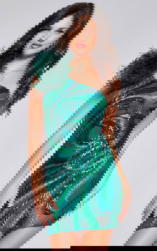 Model wearing Jovani 36713 green dress with feather details