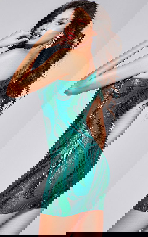 Back view of model in Jovani 36713 green dress