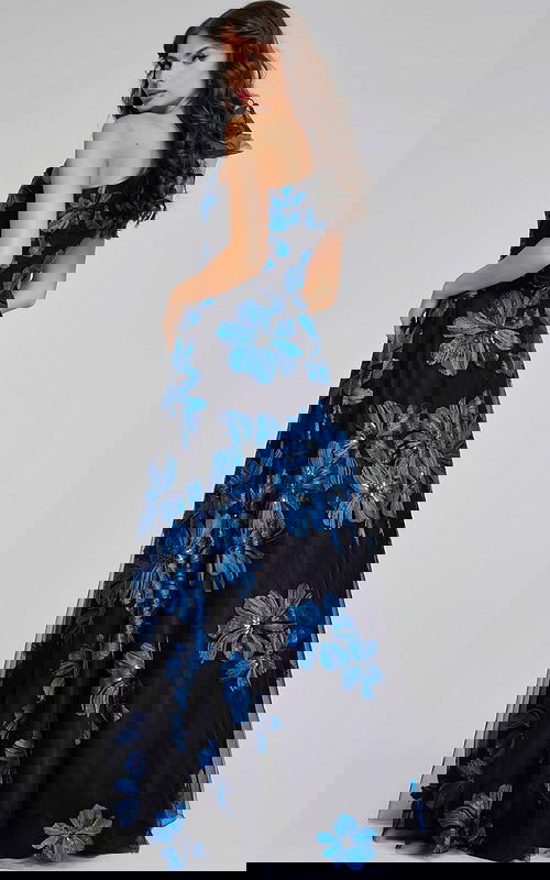 model wearing Jovani 36717 navy gown back view