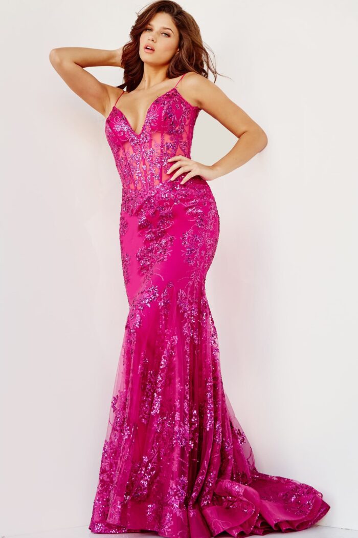 Model wearing Jovani 3675 Mermaid Corset Bodice Dress