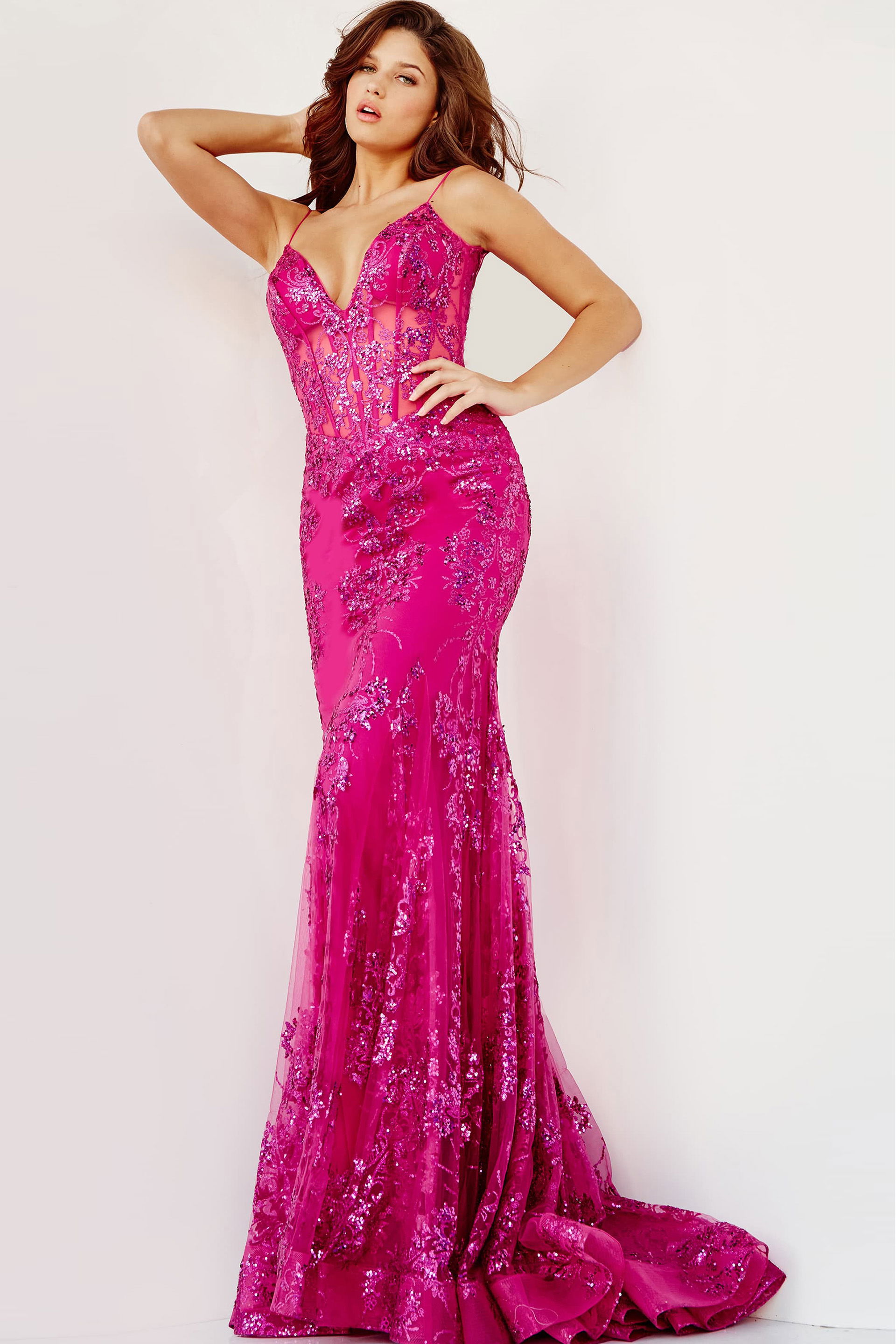 3675-BERRY-20mermaid.jpg Model wearing Jovani 3675 pink mermaid gown with lace detailing, front view