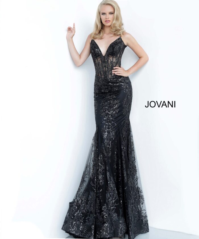 Model wearing Jovani 3675 black dress with detailed sequin embellishments.