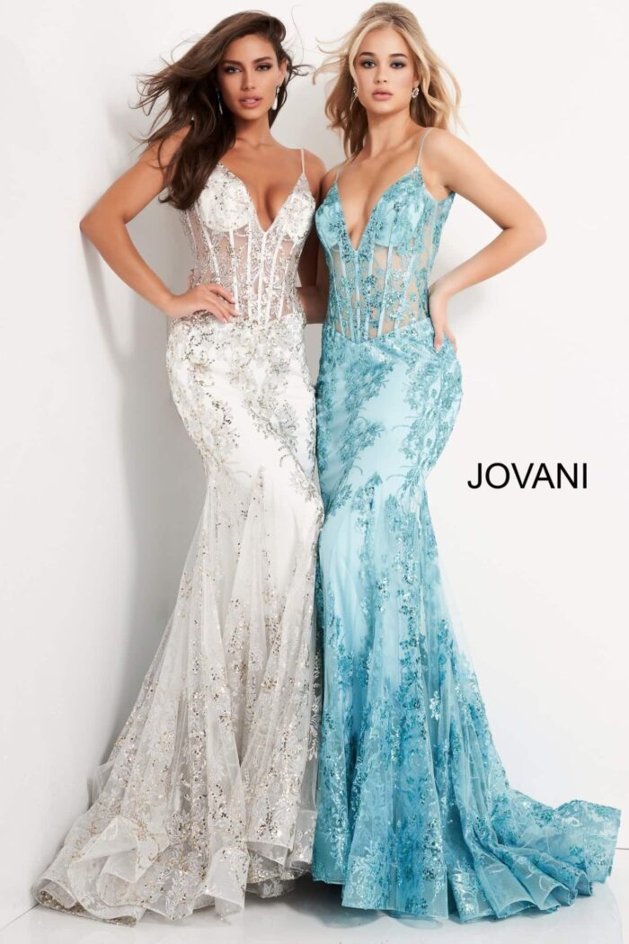 Two models wearing Jovani 3675 in white and blue with deep V-necklines and mermaid silhouettes.