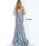 Rear view of Jovani 3675 in blue with a low-cut back and detailed sequin design.
