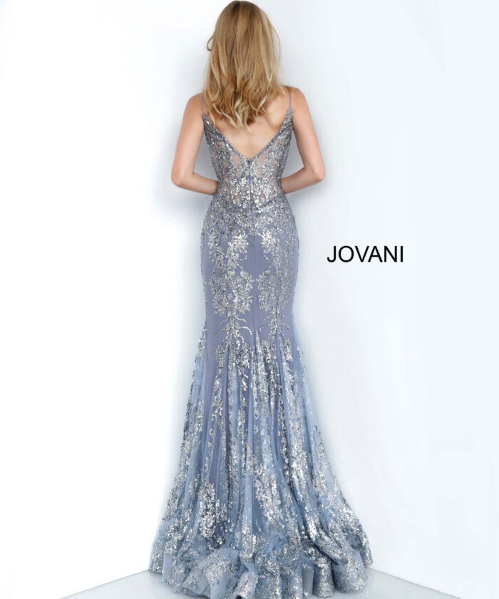 Rear view of Jovani 3675 in blue with a low-cut back and detailed sequin design.