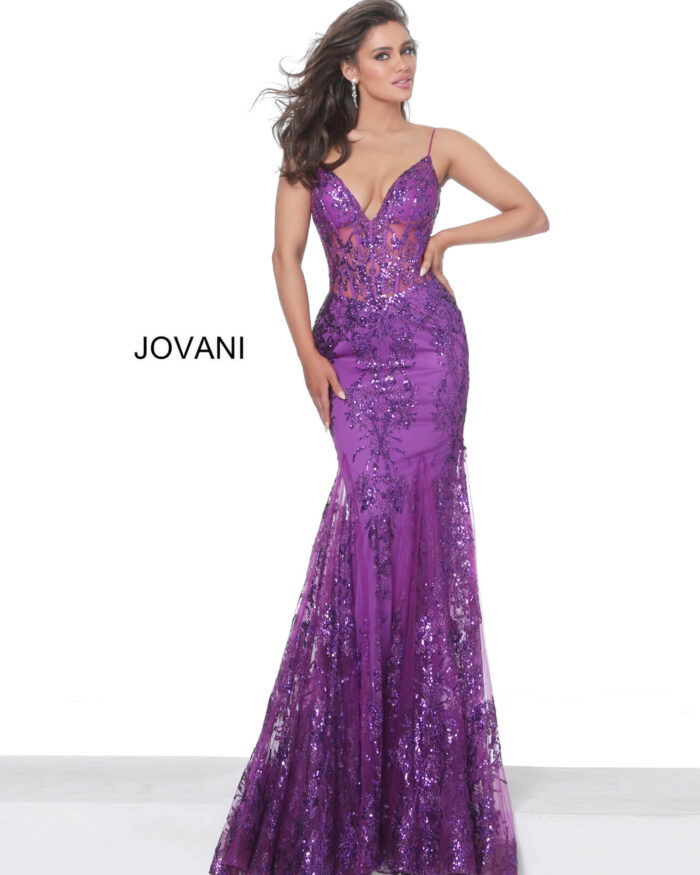 Model wearing Jovani 3675 Mermaid Corset Bodice Dress