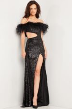 Model wearing Jovani 36808 black dress with off-shoulder feather detailing and high slit, full front view.