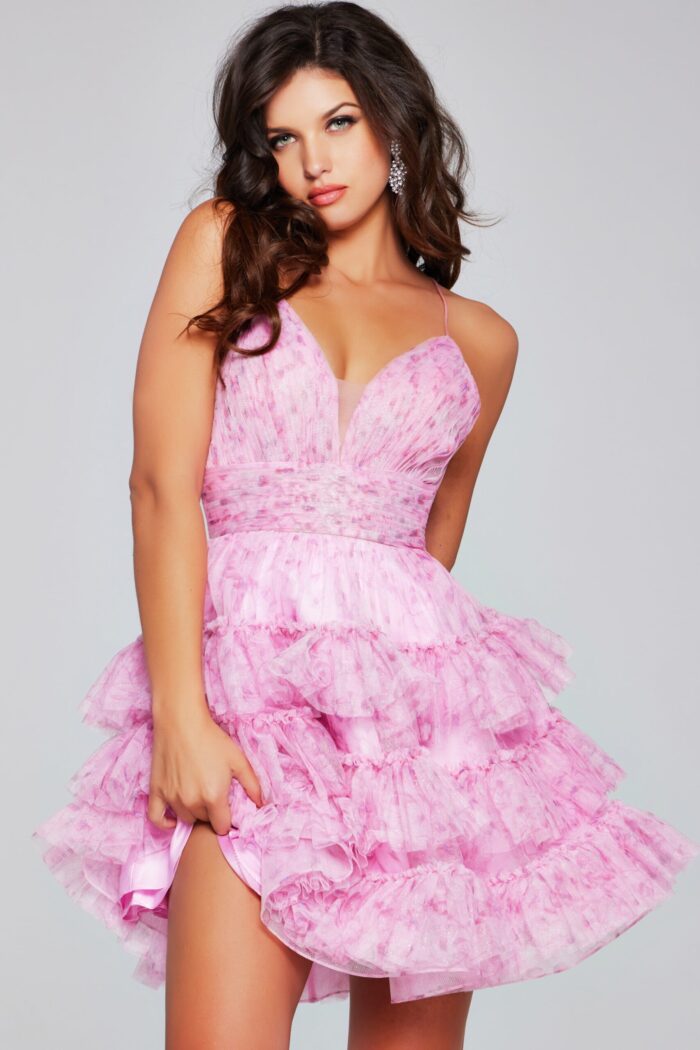model wearing Jovani 36844 pink dress with V-neck and ruffled tulle