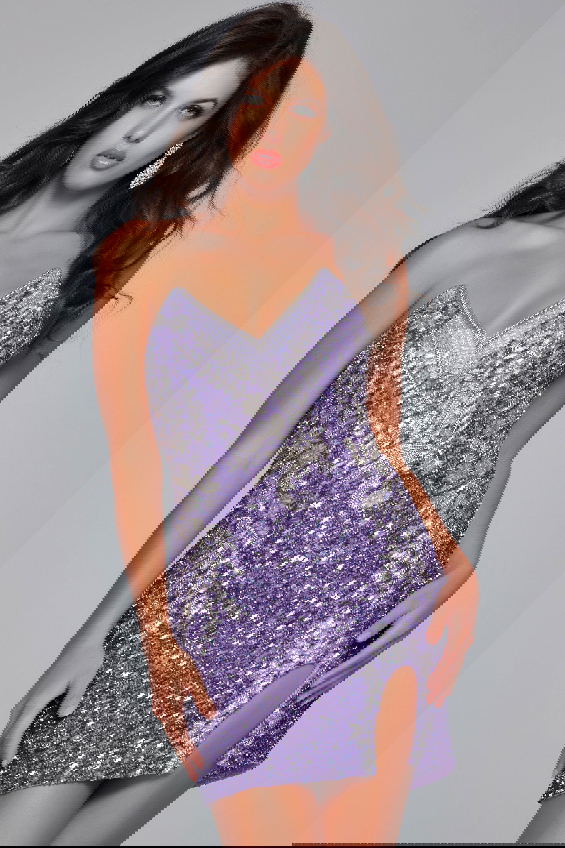 36852-purple.jpg Model wearing Jovani 36852 lilac cocktail dress with a sweetheart neckline and sequined embellishments.