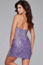 Back view of model wearing Jovani 36852 lilac sequined cocktail dress.