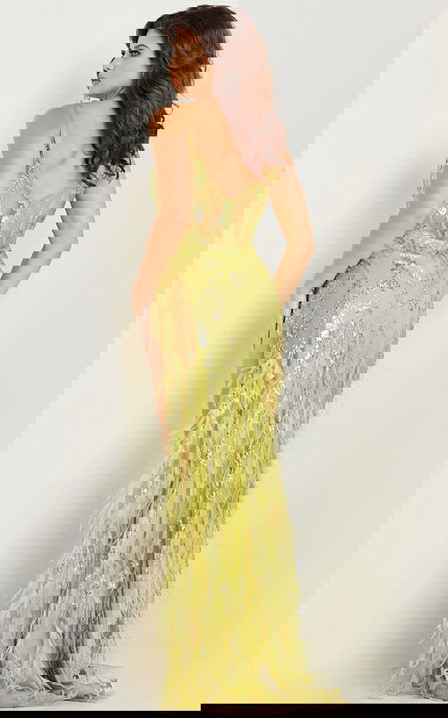 Model displaying the back of Jovani 36885 in green.