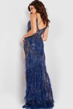 Model showing the back detail of Jovani 36885 in navy.
