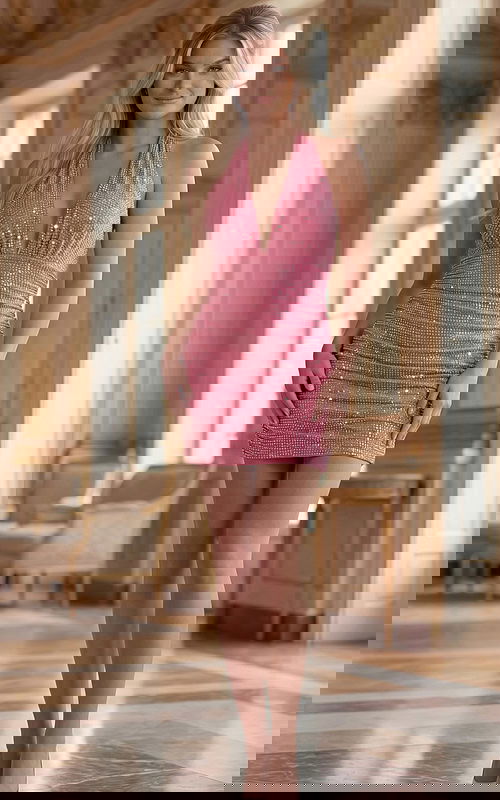 pink halter neckline fitted dress 36893