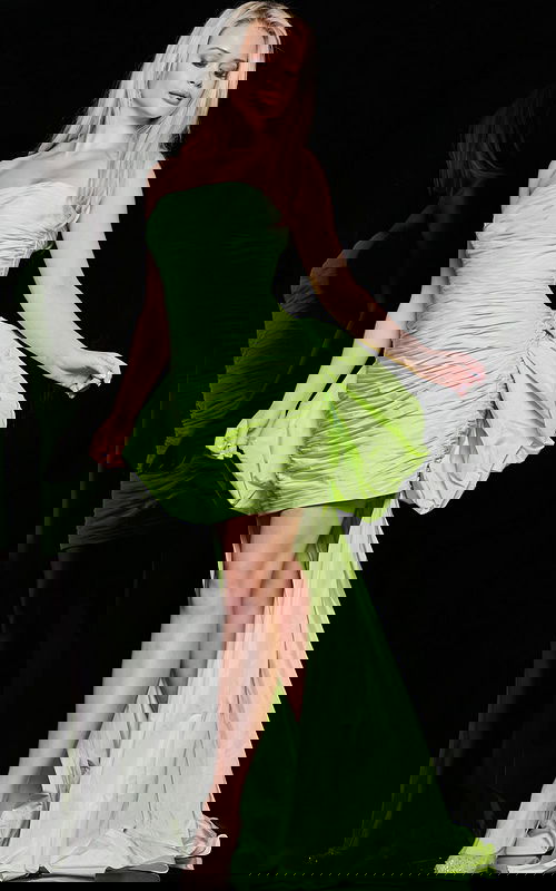 Model wearing Jovani 36928 ruched lime green dress with elegant train.