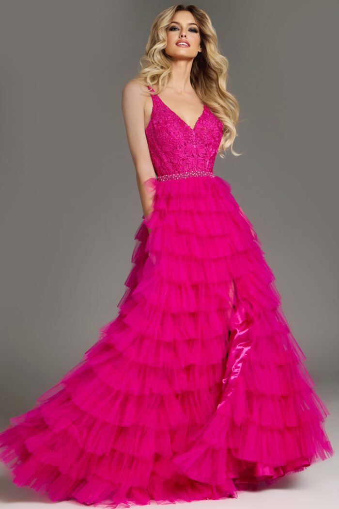 Front view of model in Jovani 37001 fuchsia dress with ruffle details.