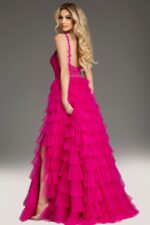 Back view of Jovani 37001 fuchsia gown, showcasing dramatic ruffles.