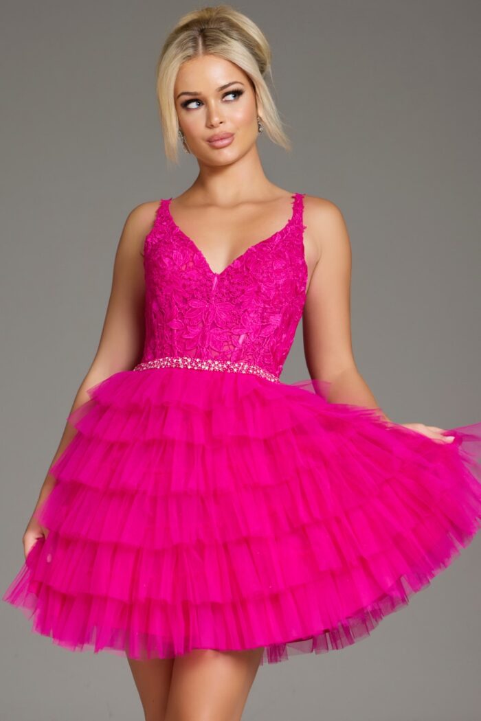 close-up of Jovani 37002 showing lace bodice and beaded belt